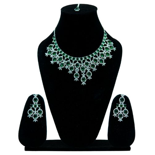 Royal Green Stone Necklace and Earring Set with Intricate Design